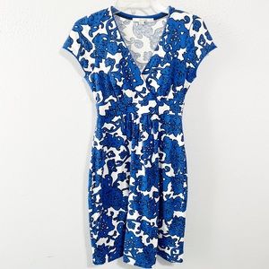 Boden blue white black floral faux wrap dress size 4p